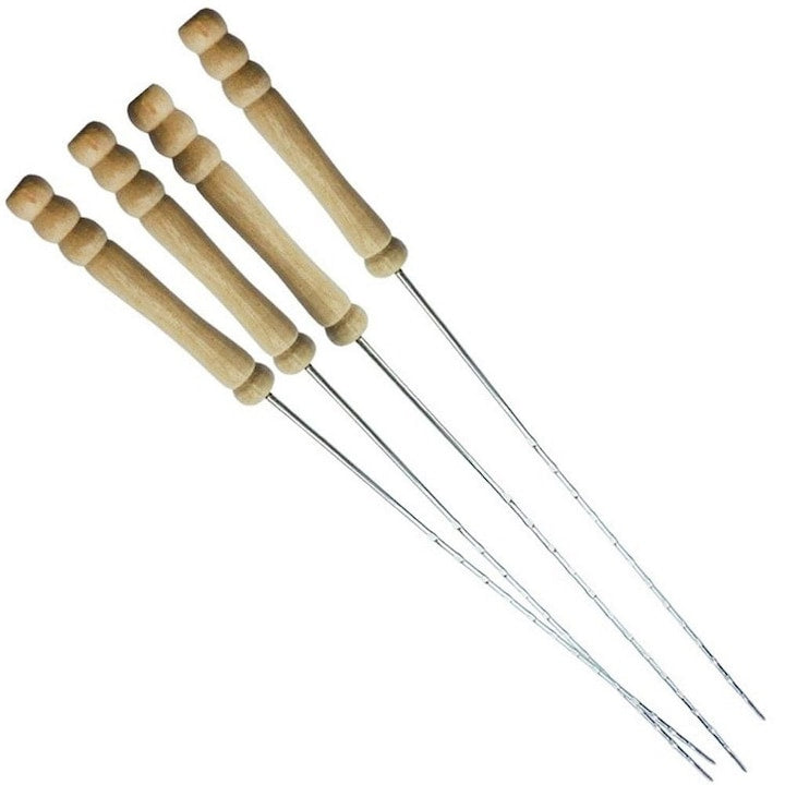 Set 4 Ace Din Otel Inoxidabil Colectia Bbq Frigarui 38.5x0.4 cm Fabricate Din Otel Inoxidabil Lungime 38.5 cm Manere Din Lemn Confortabile Usor De Curatat Argintii