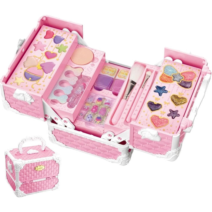 Trusa de machiaj pentru copii Set Make-Up Rqiurpn rujuri farduri oja Design inedit geanta cu maner pentru transport pentru fetite de 3 4 5 6 7 8 9 ani multicolor materiale sigure si lavabile cutie de depozitare portabila