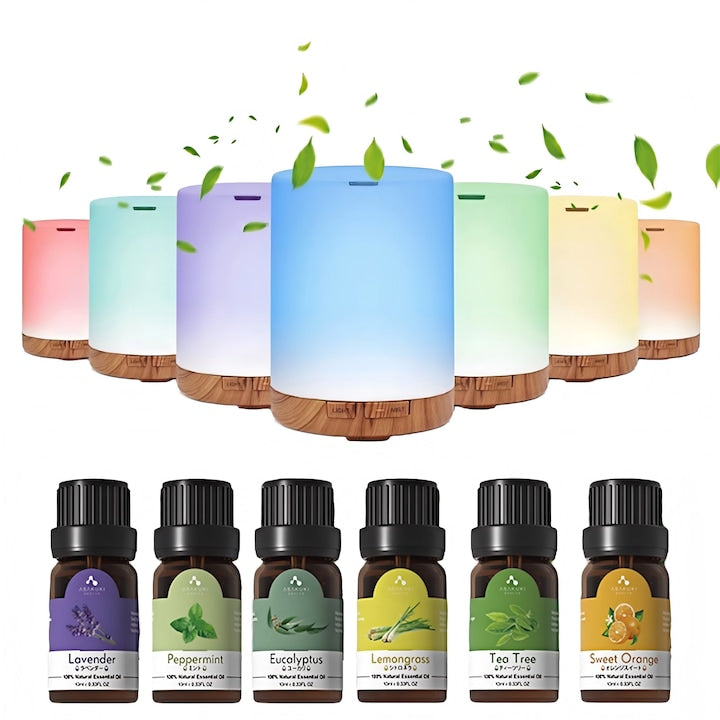 Essential Oil Diffuser Aromatherapy 7 Interchangeable Colors and Remote Control Bedroom Home Babies Office Hotel, 6x10ml Essential Oil Set, Auto Shut-Off, 300ml