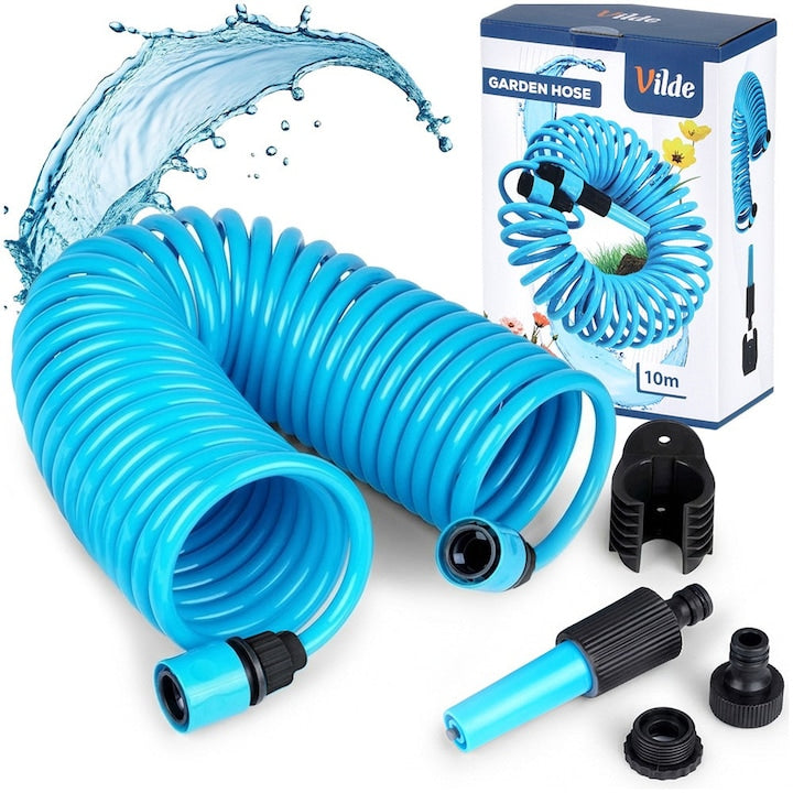 Furtun De Gradina Extensibil Tip Spirala Vilde Set Complet Cu Accesorii De Udare Si Suport Perete Lungime Maxima 10 M Albastru Plastic Rezistent Si Flexibil Include Pistol De Stropit Si Conectori Ideal Pentru Curte Terasa Sere Si Gazon