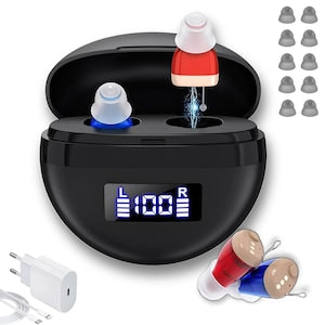 2 x Aparat Auditiv Digital Intraauricular Vala Amplificare 32dB 4 Moduri 12 Canale Reducere Zgomot Autonomie 30h Carcasa Magnetica Reincarcabil USB Design Invizibil Amplificator Sunet Hipoacuzie Usoara-Moderata 10 Dopuri Silicon