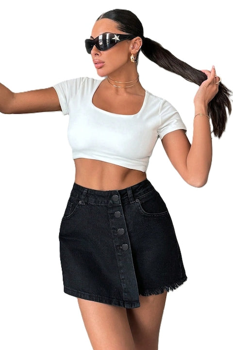 OEM - Women's Denim Skirt Shorts / Skort with High Waist and Raw Hem Black 12 interest-free installments