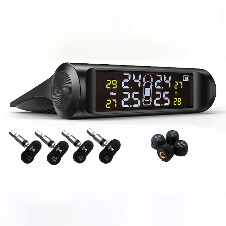 Sistem extern de monitorizare presiune anvelope masina fara fir cu senzori externi alarma auditiva auto OFF cu incarcare solara si micro USB Afisaj LCD Negru