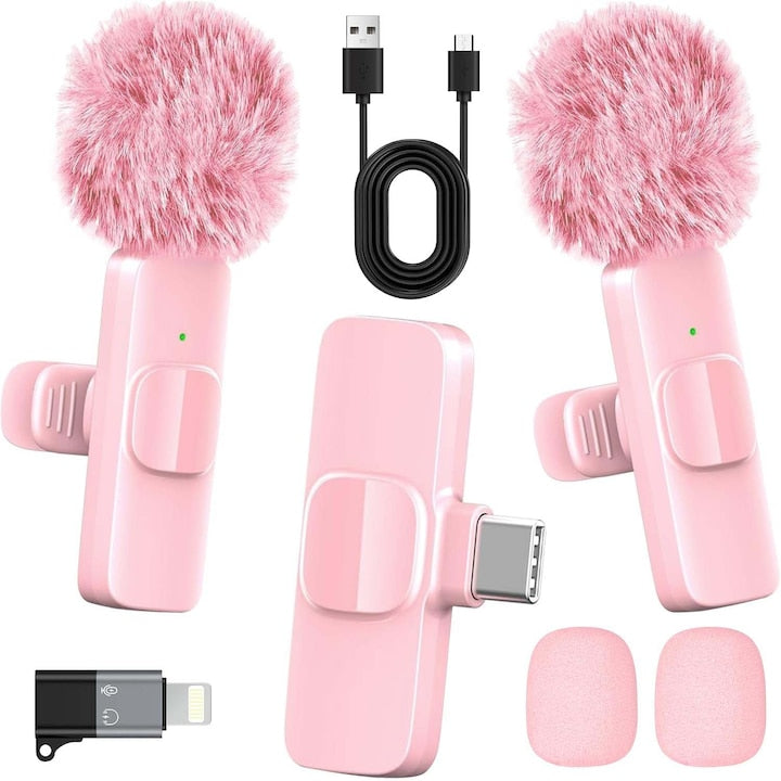 Set 2 Microfoane Profesionale Microfoane Wireless Lavaliera Cu Cu USB-C Lightning Microfoane Reincarcabile 2.4 GHz Cu Reducere Zgomot Plug and Play Portabil Compatibile Cu Telefon iOS Android iPad Interviuri Si Live OUYLAF Roz