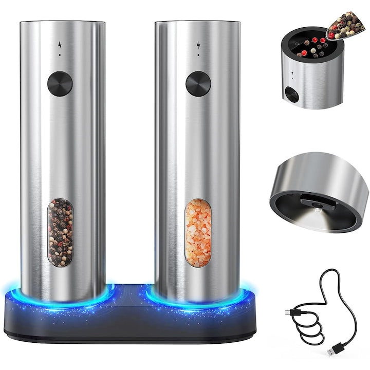 Set 2 Rasnite electrice pentru condimente Nicerpro Baza reincarcabila Lumina LED 110 ml Grosime reglabila Mecanism ceramic Reumplere superioara Material din otel inoxidabil Argintiu