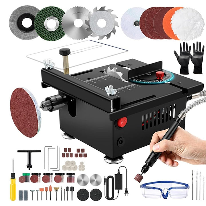 Circular table saw Omelivon 100W, 7 speed levels, adjustable height and angle, multifunctional, for cutting, sanding, engraving, drilling, Black