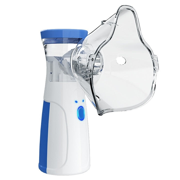 Aparat Aerosoli Premium Nebulizator cu Ultrasunete Silentios Portabil 2 Masti Adulti si Copii cu Duza incluse 3 Trepte ajustabile Reincarcabil Folosit pentru Astm Raceala cu tuse Gat inflamat Boala pulmonara Portabil acasa alb si albastru