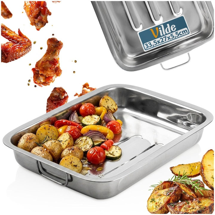 Tava De Copt Pentru Cuptor Vilde Dreptunghiulara 30.5x22.5x5 cm Argintiu Otel Inoxidabil Tava Friptura Si Prajituri Cu Manere Pliabile Rezistenta Versatila Pentru Gastronomie Si Uz Casnic Compatibila Masina De Spalat Vase Design Practic