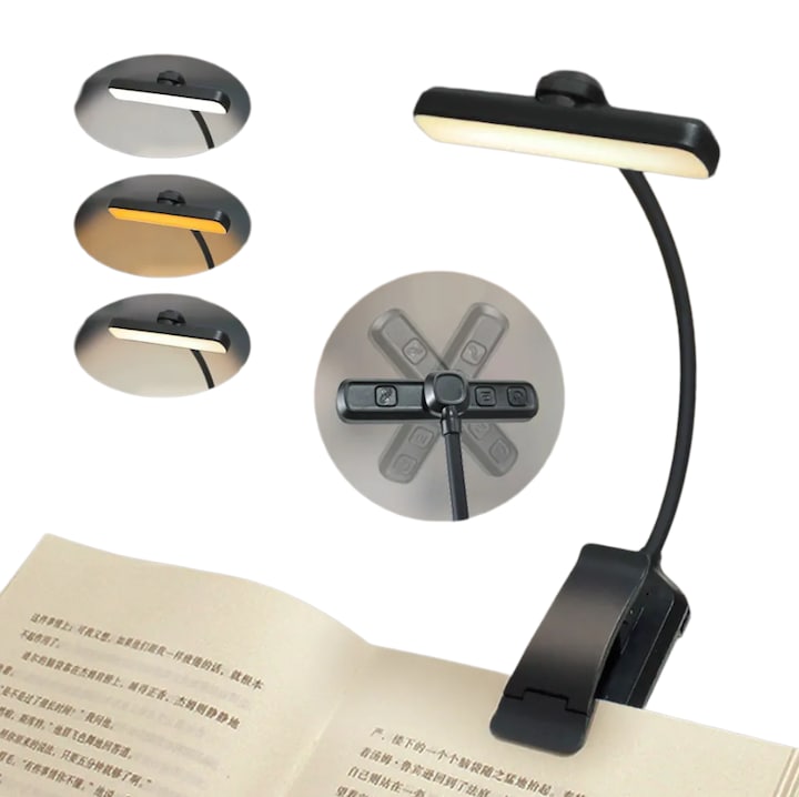 Lampa de citit cu clema ZOUN incarcare USB rotativa autonomie baterie 80 ore trei setari de temperatura a culorii cinci niveluri de luminozitate 1000 mAh furtun din silicon antiderapanta 24 becuri LED negru