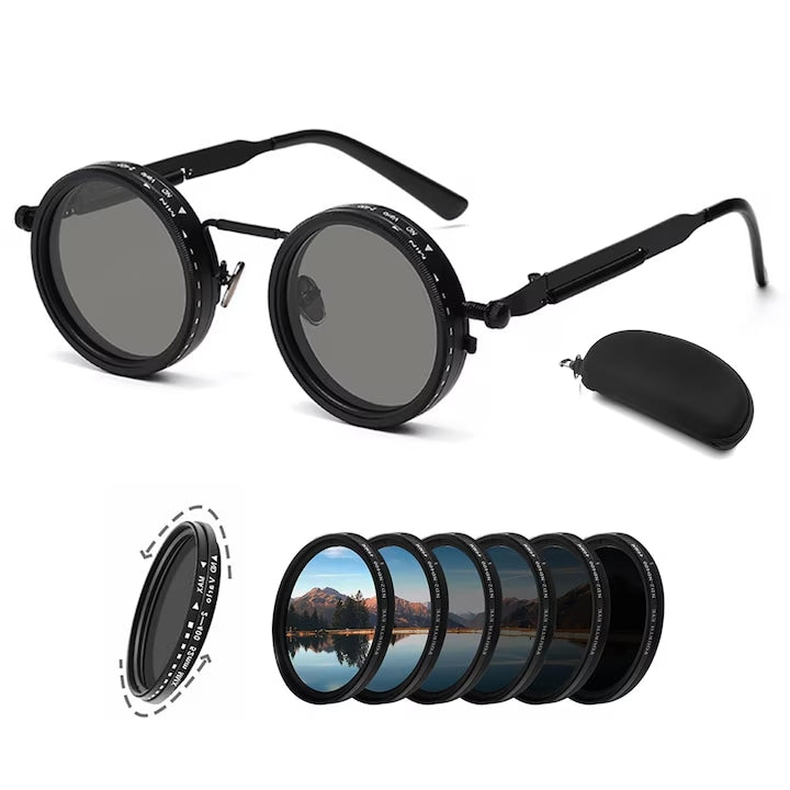 AjieQaQ - Ochelari de soare rotunzi polarizati Negri cu filtru ND 9 niveluri reglabile protectie UV 400 strat antireflex pentru exterior confortabili unisex ideali pentru sport conducere auto moda urbana protectie ochi ochelari fashion