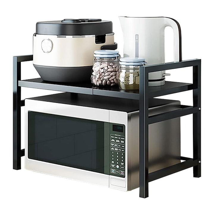 Raft metalic cuptor cu microunde SINBINTA 6 Carlige Ajustabila Organizator bucatarie Design anti-alunecare Usor de instalat Rezistent la coroziune Universal Otel inoxidabil 40-60x36.5x45 cm Negru