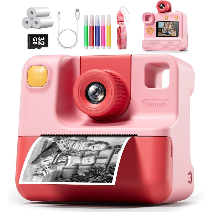 Jucarie foto instantanee pentru copii WALALLA ecran IPS de 2 inch camera rotativa la 180 de grade zoom 10x card de 32 GB jocuri educative muzica potrivita pentru petrecere/cadou pentru copii abs roz