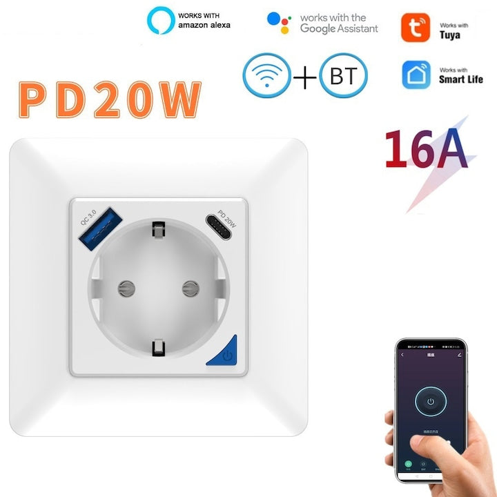 Priza smart WiFi cu USB-A si USB-C PD 20W control vocal Alexa si Google Assistant monitorizare consum Tuya App Android iOS 16A OUYLAF Alb