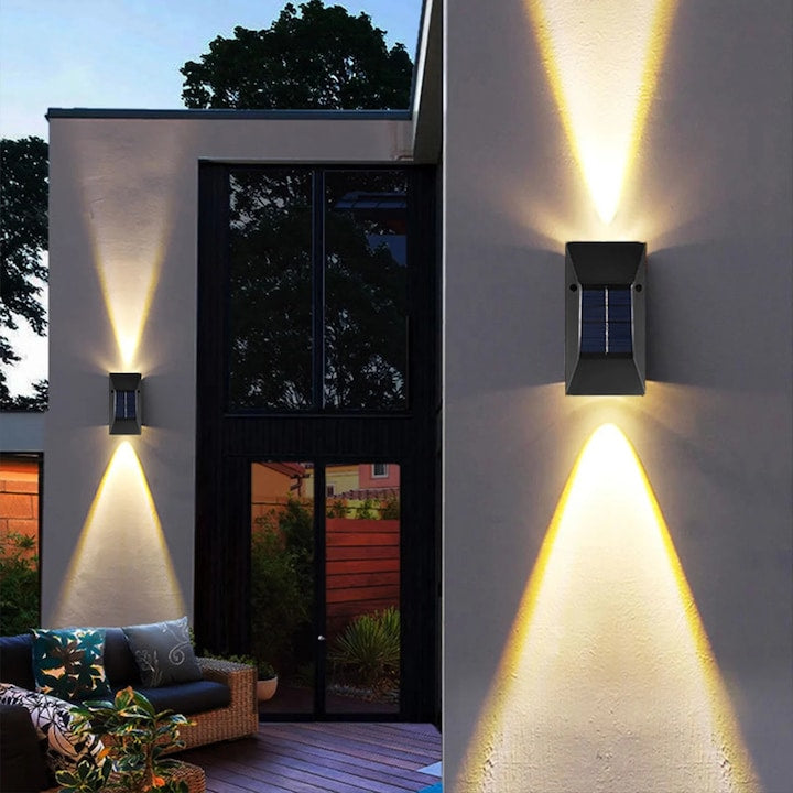 Lumina de perete solara YANYXR BCS2910668 up/down cu senzor de lumina IP65 LED lumina calda ABS+PC negru set 2 buc
