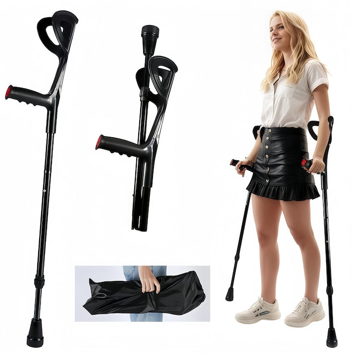 Carja ergonomica Wacorresi Carja metalica reglabila cu sprijin pe antebrat stabil reglabil fabricat din materiale de inalta calitate suport pana la 130 kg pliere cu o singura tasta reglabil pe inaltime Negru