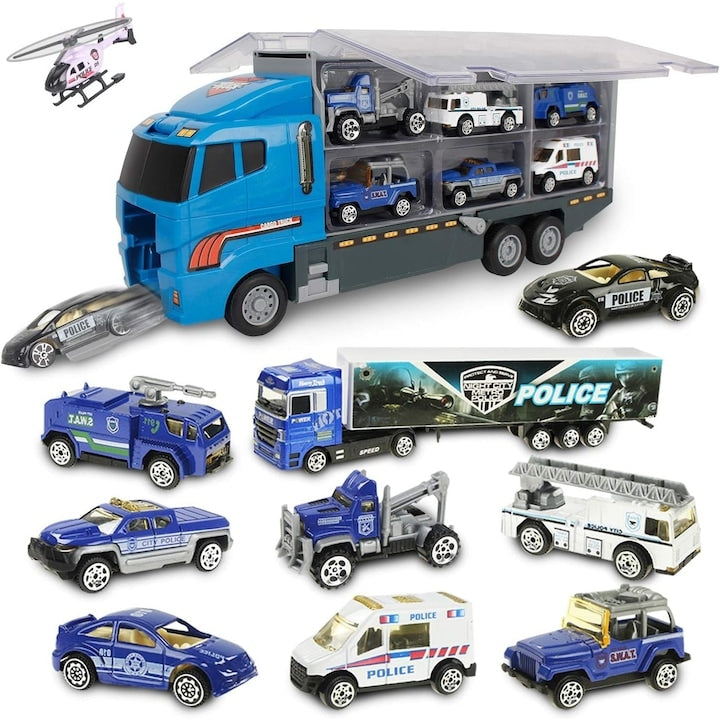 Set camion de transport cu masinute WELUOT serie politie 10 vehicule albastru 60x10x20cm