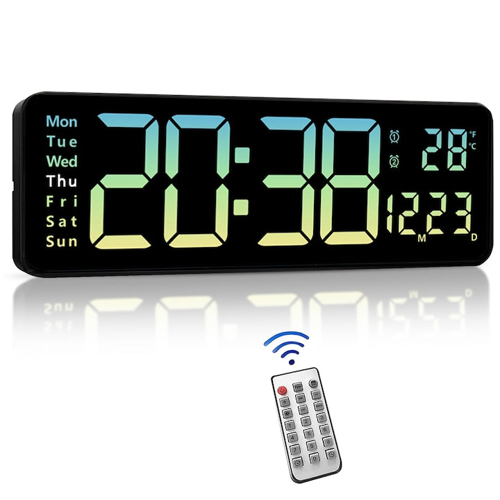 Ceas Digital de Perete cu Led SDLOGAL Ecran mare de 16 inchi cu telecomanda Calendar Temperatura Termometru 10 niveluri de lumina reglabile lumina gradient albastru/galben
