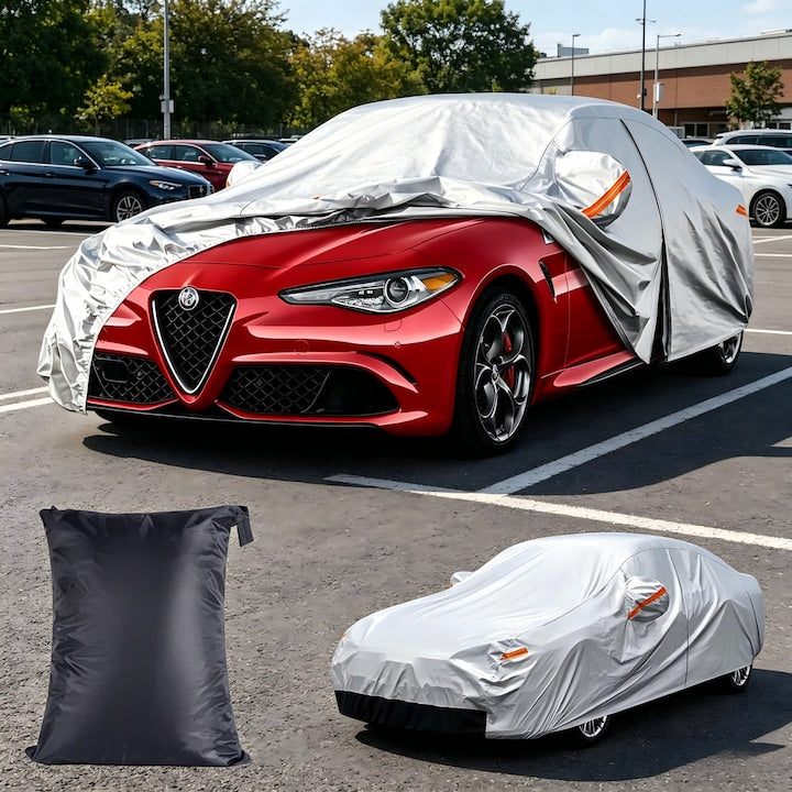 Premium Car Cover JFYU, Waterproof, UV Protection, Dust, Snow, with Reflective Strips, Mirror Pockets, Driver Door Zipper, For Sedan, 440 x 175 x 150cm, Silver