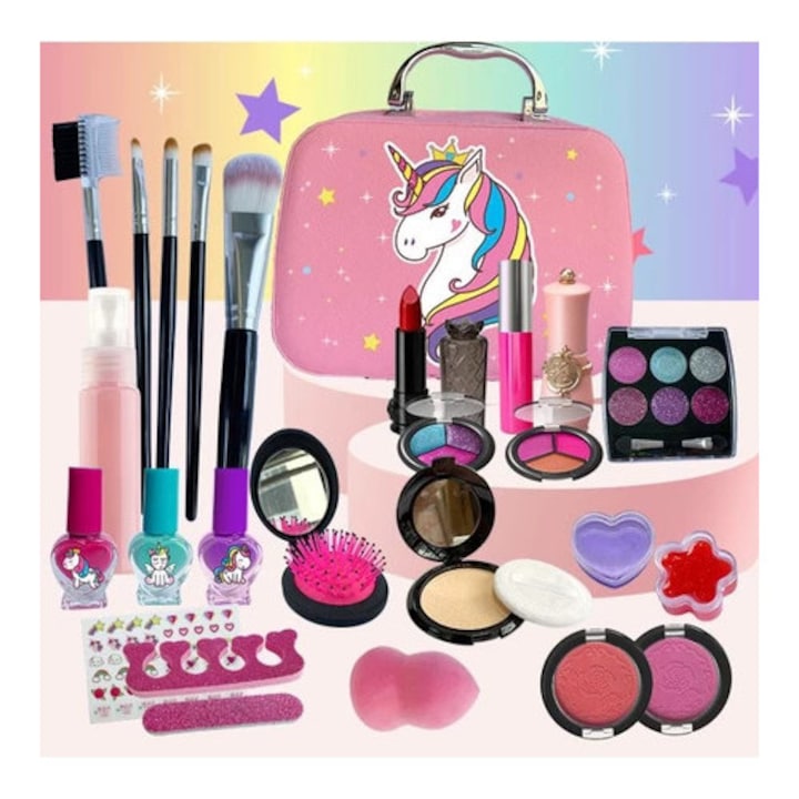 Set de machiaj pentru copii cu unicorn set de jucarii de machiaj non-toxice cu geanta cadou la moda potrivit pentru fete pentru a juca roluri de printesa