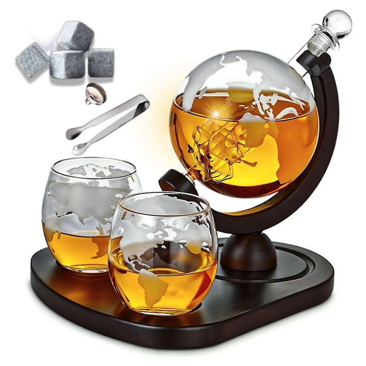 Set decantor whisky Omelivon glob 850ml cu 2 pahare pietre inox cleste palnie transparent