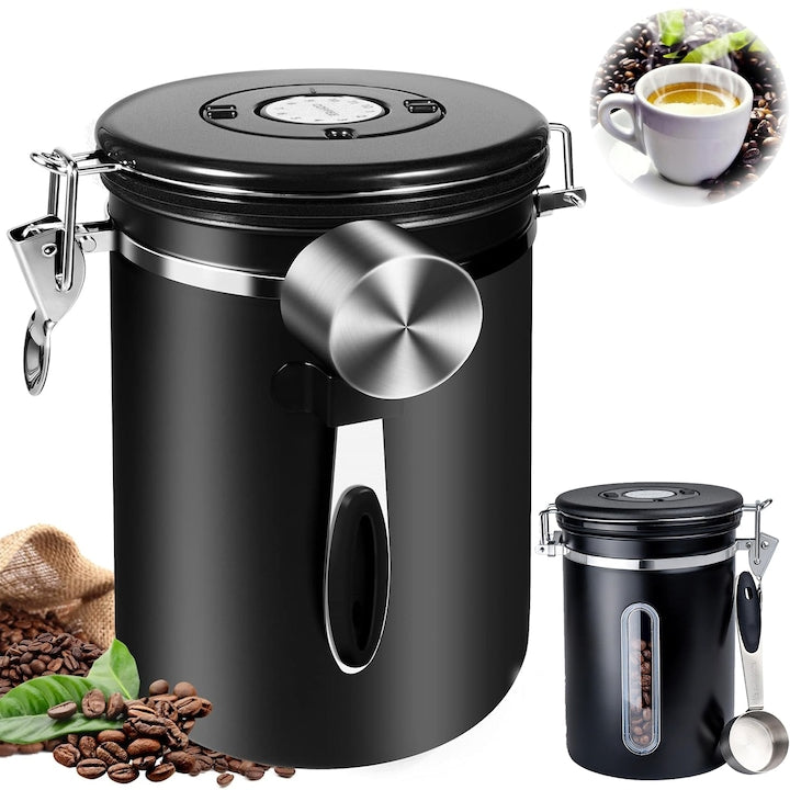 Recipient de Cafea SANSES Capacitate 1800mL Inoxidabil 304 Etans Geam Transparent Sistem de Setare a Datei cu Supapa de Evacuare Lingura Lnclusa Ldeal pentru Depozitare Boabe de Cafea Negru