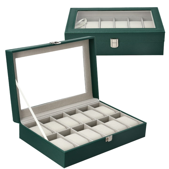 OEM - Cutie Pentru Ceasuri G1 Capacitate 12 Ceasuri 30x20x8 cm Ecopiele/Sticla Interior Moale Fereastra Din Sticla Inchidere Metalica Verde Sticla