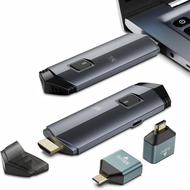 Transmitator si receptor HDMI wireless modernizat 2025 decodare 4K si iesire 1080P extender HDMI portabil 2.4G/5G Plug and Play cu afisaj LED pentru PC/Laptop/Camera/HDTV/Proiector/TV Box