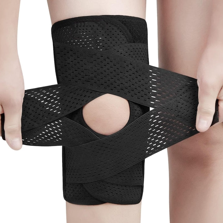 Professional technical-medical knee brace, orthosis for ligament and joint injuries, edema and knee pain, patella stabilizer for intense activities, adjustable, elastic, unisex, Black, L