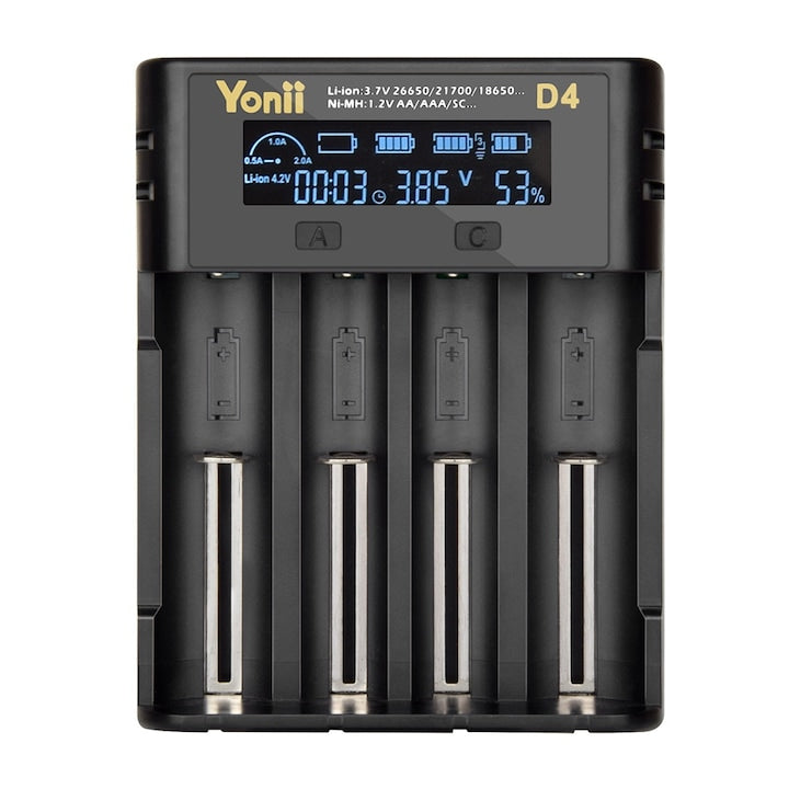 Yonii Universal Battery Charger for Li-ion 26650 18650 14500 Ni-MH/Ni-CD AAA AA Batteries, LCD Display, 4 Slots, Black