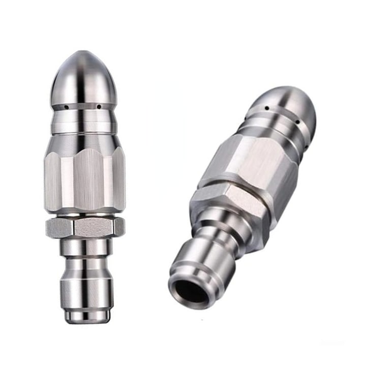 Set of 2 nozzles for pressure washer, stainless steel, 1/4", one front hole, six rear holes, compact design, 11x7x4cm, silver