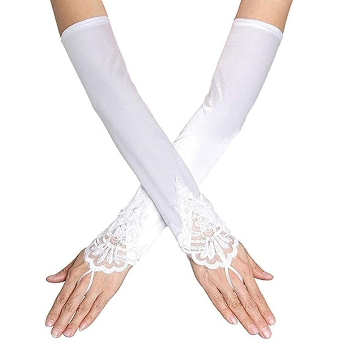 Cafuneplus - Manusi dama elegante pana la cot mireasa/nasa fara degete satin cu dantela marime universala Alb