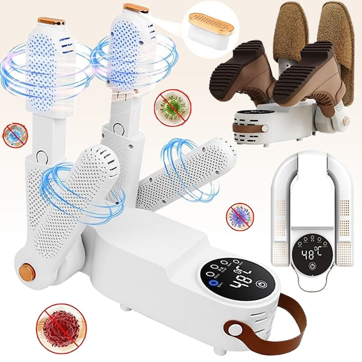 Uscator de incaltaminte electric Puepoul Portabil/Pliabil/Flexibil Timing intelligent 150W Dezinfectare UV Dezodorizant Sterilizator Incalzire Eficienta Multifunctional Display digital Pentru pantofi ghete adidasi papuci sosete manusi Alb