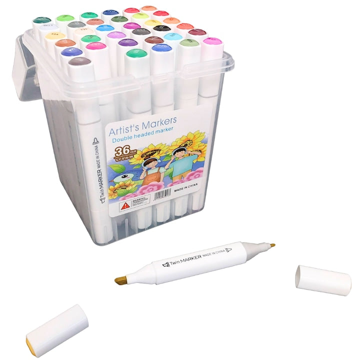 36-Piece Dual-Tip Acrylic Marker Set, Artist Markers, Transparent Case with Handle