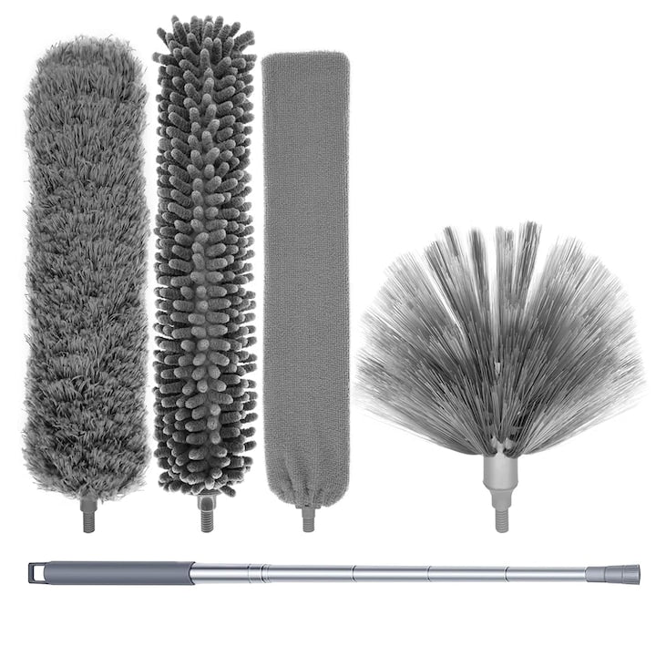 Pamatuf Microfibre Axroad Mall Indepartarea murdariei si a prafului Telescopica Cu 4 capete interschimbabile Curatarea casei a birourilor a scolilor Metal/Plastic/ Microfibra Maner extensibil pana la 280 cm Gri
