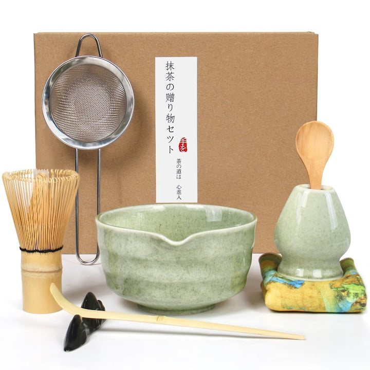 Set de ceai matcha 7 piese Natural si lucrat manual Usor de prins si de curatat Tel din Bambus Premium Sita Fina + Suport Tel Lingurite Pentru calmant si meditativ Bambus/Ceramica verde Cadou Perfect pentru Iubitorii de Ceai