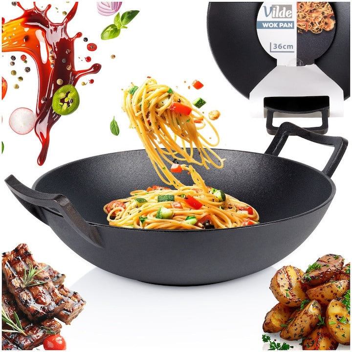 Tigaie Wok Din Fonta Vilde Cast Line 36 cm Rezistenta La Temperaturi Ridicate Potrivita Pentru Gratar Inductie Si Cuptor Manere Confortabile Utilizare Universala Neagra