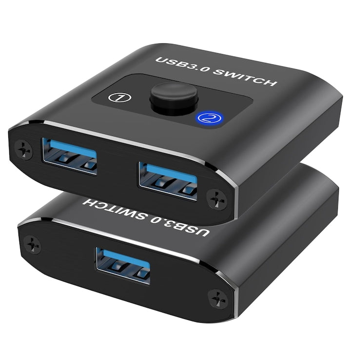 Switch KVM USB3.0 2 computere partajeaza 1 monitor/tastatura/mouse/imprimanta Plug and play fara drivere Comutator USB bidirectional 1 in 2 iesiri / 2 in 1 iesiri compatibil cu Mac / Win / Linux OUYLAF Negru
