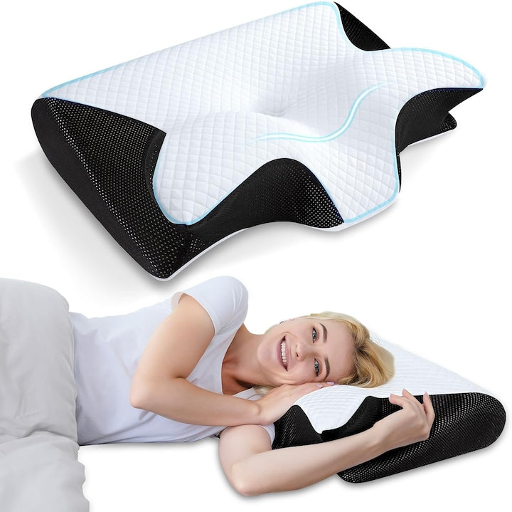 Perna ortopedica spuma cu memorie Ergonomica pentru Gat si Suport Cervical Husa lavabila Ideala pentru dormitul lateral spate sau stomac beneficii medicale Negru