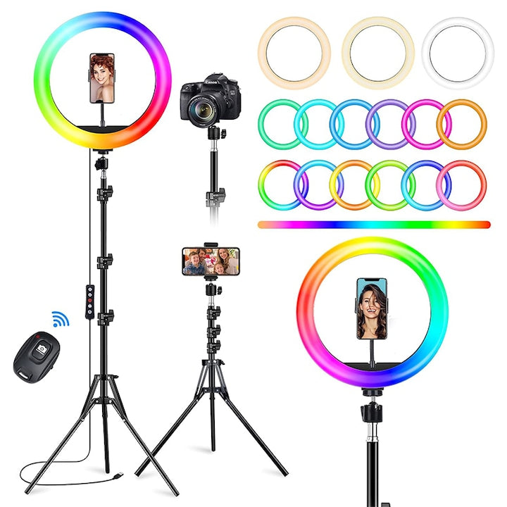 LED Ring Light, Duueyct, 10 inch, 37 Color Modes, 3 Light Levels, With Bluetooth Remote and Wired Remote, 160 cm Tripod Included, Phone Holder, USB Connection, Ideal for Photos, TikTok, Facebook Video Clips