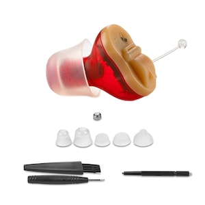 Premium Intra-auricular Hearing Aid Axroad Mall Sound Amplifier with Smart Noise Cancellation Adjustable Volume, with A10 Battery, Right Ear Use, for Moderate to Severe Hearing Loss, Red