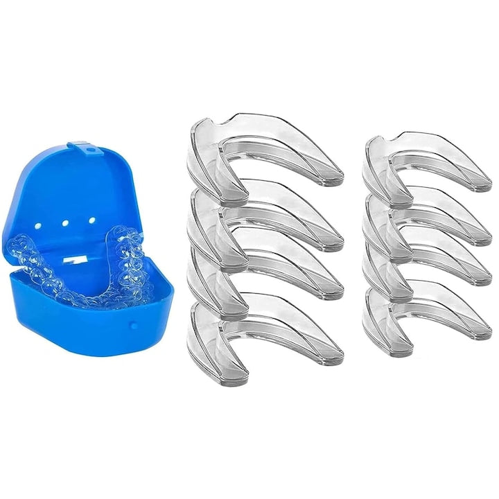 Set 8 gutiere adaptabile Darklove Impotriva scrasnitului din dinti sau bruxism Cutie Inclusa Usor de curatat Durabile Rezistenta la praf Portabil EVA 5.5x6.8cm/4.8x5.8cm Albastru/Transparent
