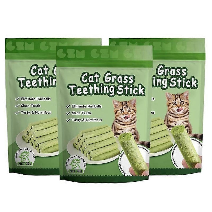 Set of 3 catnip dental chew sticks for cats, grass flavor