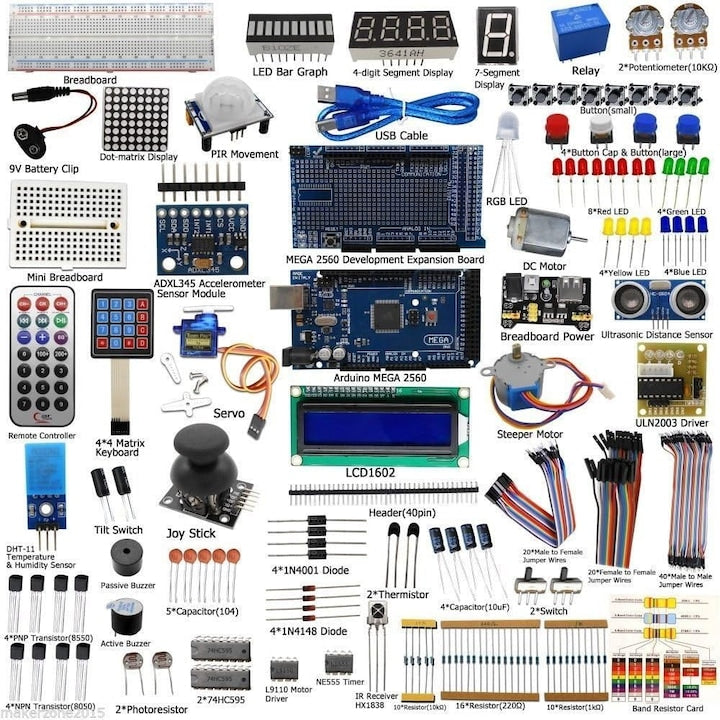 Complete Starter Kit for Arduino STEM Electronic Projects with Mega2560, LCD1602, Servo, Stepper Motor, Sensors, Breadboard, Jumper Wire, Resistor, Capacitor, Transistor and Tutorial