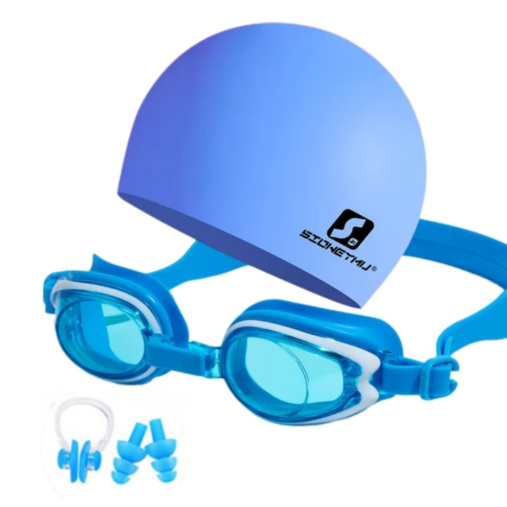 Swimming Goggles Set for Kids, Silicone Swim Cap, Earplugs and Nose Clip, Prevent Water Choking, Anti-fog, Waterproof, Adjustable Silicone Strap, 3-13 Years