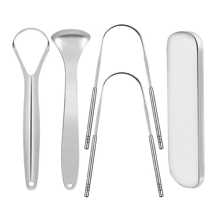 Set ustensile curatare pentru limba pentru adulti si copii cu cutie de depozitare 4 pieces Otel inoxidabil de calitate chirurgicala