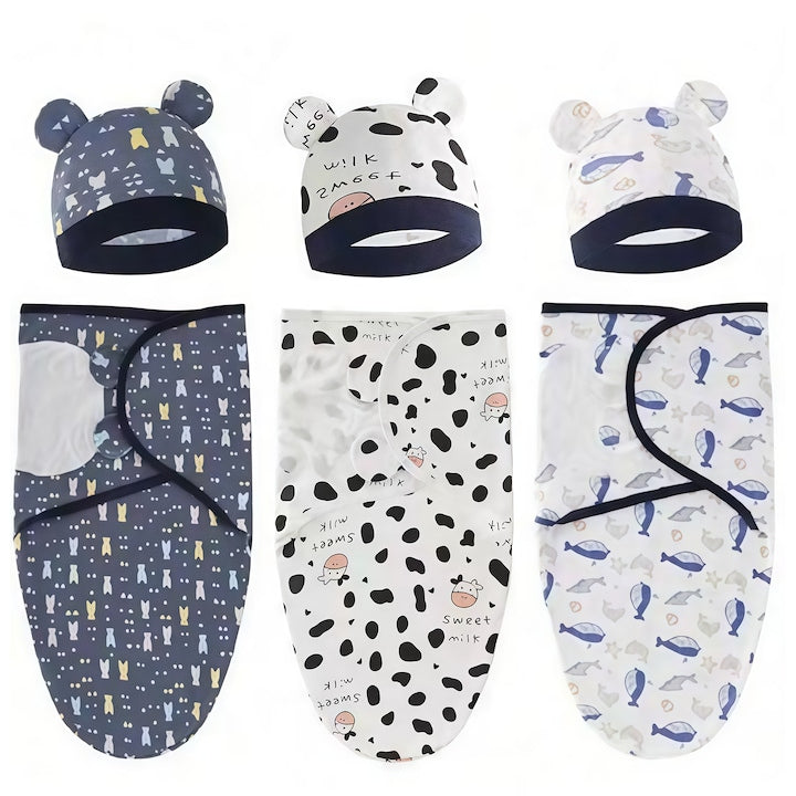 Set of 3 baby swaddles, baby sleeping bag, with cap, Velcro fastening, soft and comfortable, for swaddling babies, made of cotton, 50 x 73 cm, for 0-3 month old babies, blue/white