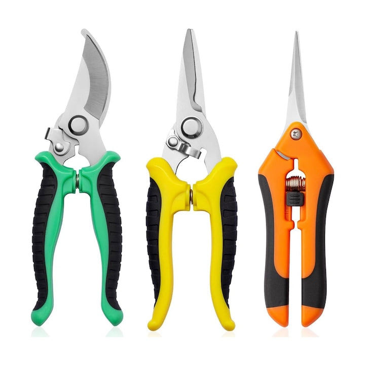 Set 3 foarfece de gradina din inox lame ascutite maner ergonomic anti-alunecare blocare de siguranta pentru flori si plante YQLAFT Multicolor