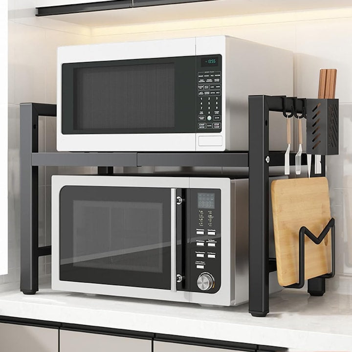 Raft extensibil pentru cuptor cu microunde LYCENXI 2 niveluri negru 40x60cm cu 6 carlige si suport pentru tocator
