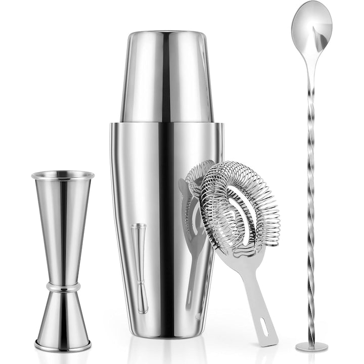 Set de Shakere 4 Piese Boston Shaker Jigger Lingura de Amestec Otel Inoxidabil