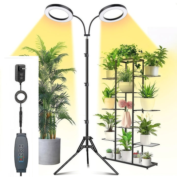 Lampa pentru cresterea plantelor 2 CapeteTrepied Timer Automat 3/9/12h pentru cresterea accelerata a plantelor intensitate lumina ajustabila inaltime reglabila 3 Moduri de Lumina Alimentare USB negru